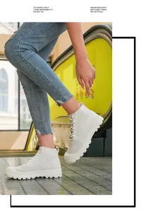 Close-up of white breathable knit high-top sneakers with thick anti-slip rubber soles