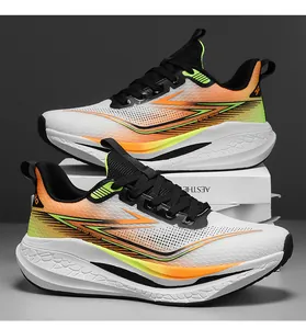 Detail view of breathable mesh sneakers featuring retro trend text and thick cushioned soles