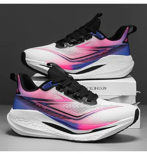 Detail of breathable mesh running shoes with pink and blue gradient retro trend design