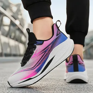 Classic running shoes with pink to blue gradient mesh and thick cushioned white sole for sports