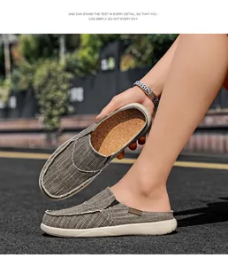Detailed macro shot of grey canvas slip-on mules with cork insole and thick rubber sole
