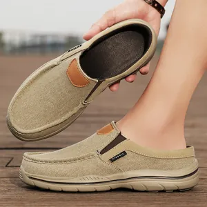 Men's Casual Canvas Loafers Mules Slip-on Walking Shoes Breathable Lightweight Flat Shoes With Stitching Details Large Size