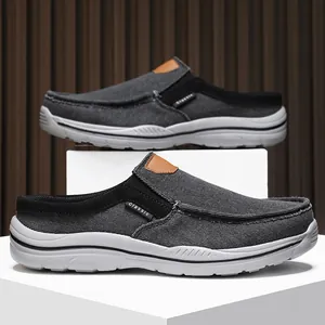 Deep grey canvas loafers for men with rubber soles and classic leather accent