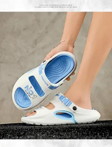 Detail of blue and white EVA beach sandals featuring non-slip soles and fashion buckles