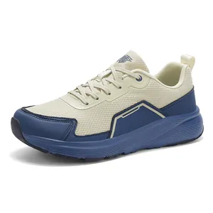 Men's wide-toe mesh sneakers in beige and navy blue with cushioned sports soles