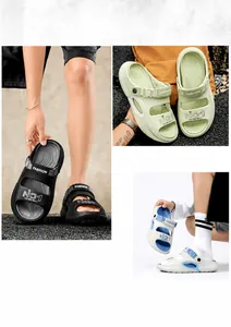 Detail view of thick-soled beach sandals with adjustable straps and breathable side vents