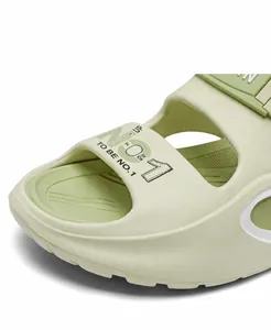 Detail of light green wading sandals featuring breathable upper and trendy sport letter prints