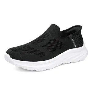 Men's slip-on breathable knit walking shoes with cushioned white sole and fashion detail