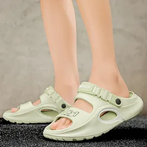 Men's lightweight EVA beach sandals in sage green with dual straps and sporty lettering