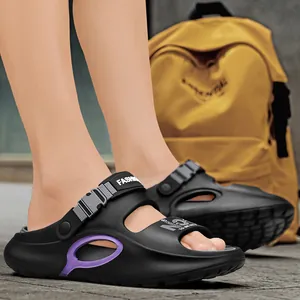 Men's black EVA beach sandals with purple accents and thick anti-slip soles