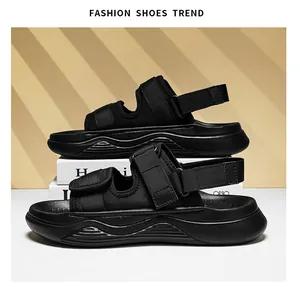 Side view of black men's outdoor sport sandals with adjustable velcro and wave thick soles