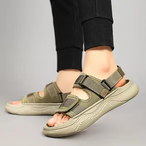 Army green outdoor men's sandals with soft thick soles and adjustable velcro straps