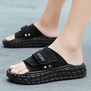 Men's black casual sport slides with thick cushioned soles and adjustable velcro straps