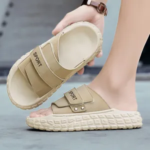 Men's Casual Outdoor Beach Slides Soft Sole Thick Bottom Athletic Sandals Adjustable Magic Tape With Rivet Decoration