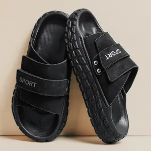 Men's high-quality black thick-sole sport slides with comfy cushioned soles for summer