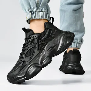 All-black chunky lightweight sneakers for men with breathable mesh and thick platform soles