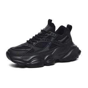 Men's black lightweight chunky platform sneakers with breathable mesh and wave sole