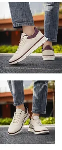Dettaglio delle sneakers da uomo beige con suola spessa bianca e accenti viola scuro
