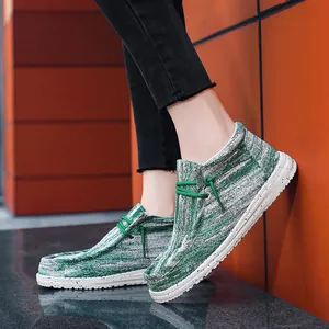Canvas herenloafers in groen en grijs met gespikkelde witte platformzool voor heren