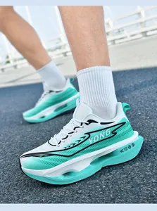 Close-up of breathable mesh running shoes with hollowed carbon plate sole on asphalt