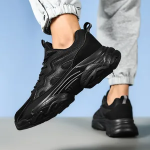 Men's all-black platform chunky sneakers with breathable mesh and multi-material textures
