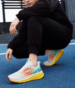 Detail view of lightweight racing running shoe with gradient colors and thick cushioned sole