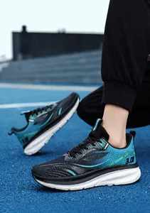 Detail view of breathable navy mesh running shoes with Racing 3.0 text on track