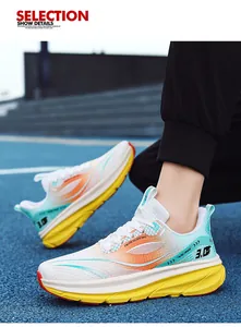 Detail of breathable mesh upper with orange and green gradient on men's racing sneaker