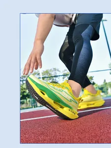 Close-up of lightweight carbon plate running shoes with breathable mesh and hollow cushioning