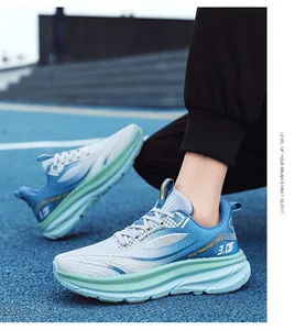 Close-up of blue and mint green mesh running shoes featuring thick shock-absorbing soles