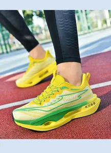 Detail of breathable lightweight running shoes with hollow cushioning and carbon plate tech