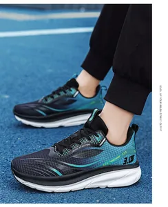 Detail of men's racing running shoes with breathable mesh and gradient blue-black design