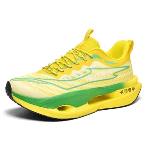 Breathable carbon plate running shoes in vibrant yellow and green with hollowed midsole
