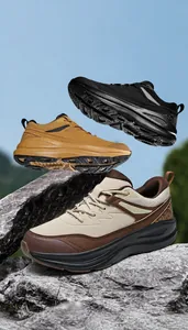 Three colors of lightweight outdoor hiking shoes with cushioned soles and textured leather