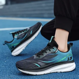 Deep blue and black gradient men's running shoes with breathable mesh on track