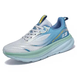 Light blue and white breathable mesh running shoes with thick cushioned gradient soles