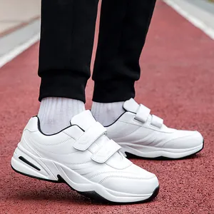 Men's large size white walking shoes with dual Velcro straps and anti-slip thick soles