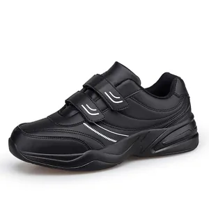 Men's black walking shoes with double Velcro straps and durable non-slip rubber soles