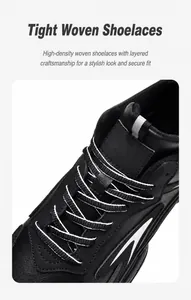 Detailed close-up of high-density black and white woven shoelaces on chunky men's sneakers