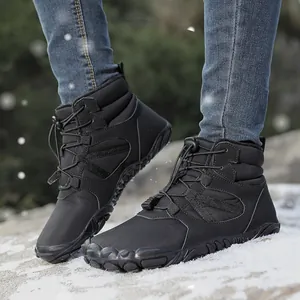 Waterproof black barefoot snow boots with drawstring laces on a rugged rubber sole