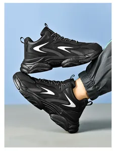 Detailed view of chunky men's sneakers featuring thick non-slip soles and athletic lines