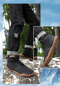 Detail of outdoor winter boots with anti-slip rubber sole and warm faux fur lining