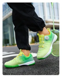 Detail of lime green badminton shoes with BOA dial system and professional non-slip sole