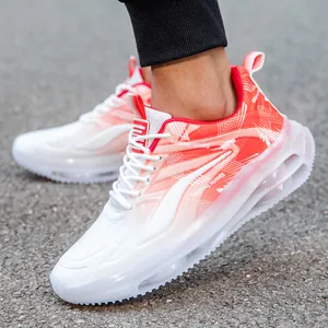 Men's breathable mesh running shoes with orange gradient and full-length air cushion