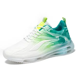 Men's mesh running sneakers with gradient white to teal finish and cushioned thick sole