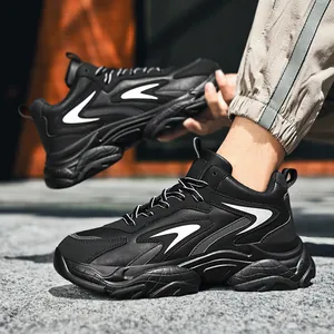 Men's chunky black platform sneakers with white wave pattern and anti-slip sole