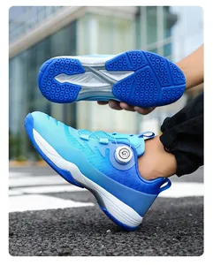 Detail of badminton shoe showing anti-slip honeycomb sole and rotating buckle system