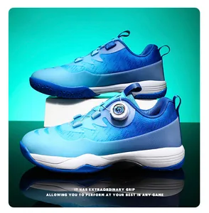 Detail view of the BOA lacing system and gradient texture on professional badminton shoes