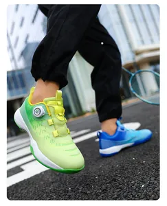 Low angle shot of professional badminton shoes with dial lacing and non-slip rubber soles