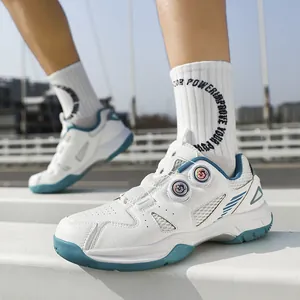 Zapatos de Tenis de Mesa Bádminton Profesionales para Hombre Doble Hebilla Giratoria Transpirables Amortiguación Zapatillas Blanco Marino